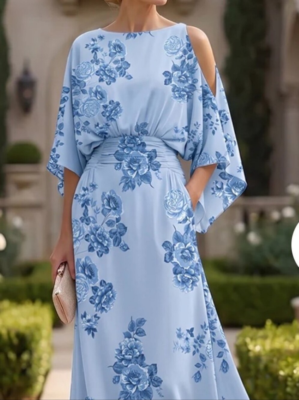 Blue Floral Print Scoop Neck Floor-Length Mother of the Bride Dress